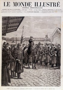200. rykmentin komppanian lähtö. Tervehdys Gare de Lyonin lipulle. "" Kuvitettu maailma"". 23/03/1895. Piirustus. tekijältä Unknown artist