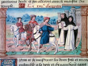 Veljesten Nicolo ja Matteo Polon, nuoren Marco Polon (1254-1324) isän ja sedän lähdöt nuoren miehen kanssa noin vuonna 1271. Pienoiskuva otettu kirjasta "" The Book of Wonders""" ("" Devisement du monde", "" Il Milione”) kirjoittanut Marco Polo (1254-1324) tekijältä Unknown artist