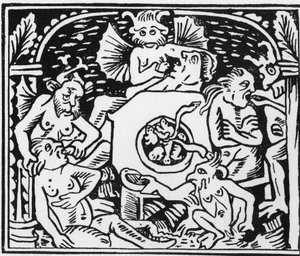 Paholaisen kiduttajat pakottavat rupikonnat ja käärmeet ahmatioiden luo - "" Grand Calendrier et Compost des Bergers", Lyon tekijältä Unknown artist