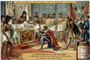 Intian reitin löytäminen: Vasco da Gaman vastaanotto Calicutin Samudrinin toimesta, toukokuun lopussa 1498 - mainosvinjetti Liébig tekijältä Unknown artist