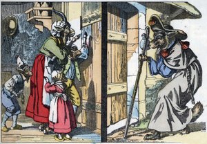 Naamiaissusi koputtaa talon oveen vuohen ja bikettien kanssa. Kuva tarinasta "Compere le Loup, Maitre Renard, Comere la Chevre et ses petits biquets" Jean de la Fontainen tarun mukaan. Kirjassa "" Tales from the home for the litt tekijältä Unknown artist