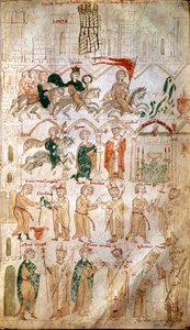 Pyhän valtakunnan Henrik VI:n (1165-1197) saapuminen Roomaan ja hänen kruunaamisensa keisariksi 14.4.1191 paavi Celestin III:n toimesta. Sivu otettu Pietro da Ebolin (Pietari Pietari) teoksesta "" Liber ad honorem Augusti"" Eboli) - (koodi 120, fol 105) 12 tekijältä Unknown artist