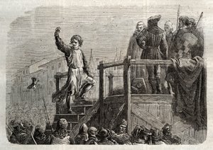 Sisilian kuninkaan Conradinin (tai Conrad of Hohenstaufenin) ja Swabian herttuan (1252-1268) teloitus Charles Anjoun käskystä Tagliacozzon taistelun jälkeen vuonna 1268” (Conradinin (tai Conrad nuoremman), viimeisen Staufer-kuninkaan teloitus Sisilian perä tekijältä Unknown artist
