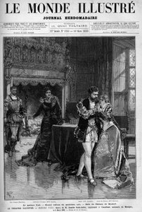 Viimeinen kvartetto, Kimboltin linnan huoneessa tapahtuvan neljännen näytöksen toinen maalaus. Kohtaus Camille Saint Saensin (Saint-Saens) ooppera Henry VIII edustettuna kansallisessa musiikkiakatemiassa 5. maaliskuuta tekijältä Unknown artist