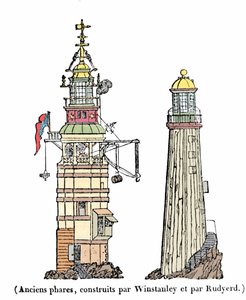 Ensimmäinen ja toinen majakka Eddystonessa. Ensimmäinen, rakennettu vuonna 1696, katosi yhtenä myrskyyönä vuonna 1703; toinen romahdus vuonna 1775 tulipalon seurauksena. tekijältä Unknown artist