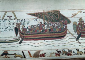 Haroldin laivasto, joka tuli ilmoittamaan Normandian herttua William Valloittajalle (1027-1087), että hänestä tulee Englannin kruunun seuraaja Edoaurd Tunnustajan kuoltua, jää myrskyyn, joka heittää sen rannikolle. kreivi Guy de P tekijältä Unknown artist
