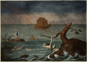 Vedenpaisumus ja Nooan arkki kaukaisuudessa. Anonyymi kaiverrus 1800-luvun puolivälistä. tekijältä Unknown artist
