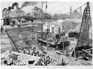 Eiffel-tornin perustukset: Kesonit Seinen puolella - "" Kuvituksessa"" 14.5.1887. ¿ tekijältä Unknown artist