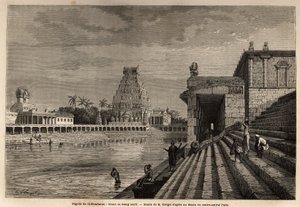 Chillambaran-pagodin ghaut tai pyhä lampi, joka sijaitsee Bengalinlahdella, lähellä Pondicheryä (Pondicherry) (Intia); Jotkut fideles laskeutuvat monumentaalista portaikkoa pitkin kylpemään tai suorittamaan puhdistavia pesuja. Kaiverrus havainnollistamaan  tekijältä Unknown artist