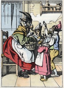 Vuohi on poissa markkinoilta ja kuuntelee bikettien historiaa. Kuva tarinasta "Compere le Loup, Maitre Renard, Comere la Chevre et ses petits biquets" Jean de la Fontainen tarun mukaan. "" Tarinoita kodista pienimmille"" tekijältä Unknown artist