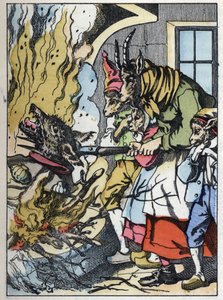 Vuohi tappaa suden savupiippuun. Kuva tarinasta "Compere le Loup, Maitre Renard, Comere la Chevre et ses petits biquets" Jean de la Fontainen tarun mukaan. "" Tarinoita kodista pienimmille"". Anonyymi kaiverrus 19t tekijältä Unknown artist
