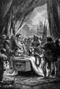 Kuvernööri asetti Chateauneuf de Randonin avaimet Bertrand Du Guesclinin (1320 - 1380), bretonilaisen sotamiehen ja ranskalaisen englantilaisia vastaan ​​patriootin arkkuun. Kaiverrus 1800-luvulta. tekijältä Unknown artist