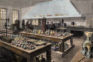 Louis Pasteurin (1822-1895), ranskalaisen kemistin ja biologin suuri laboratorio Ecole Normale Superieuressa - Louis Pasteur hänen laboratoriossaan Ecole Normale Superieuressa - Meyerin kaiverrus 1884 tekijältä Unknown artist