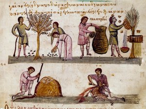 Oliivisato, hunajan tuotanto ja karitsan teurastukset Caracallalle omistetun Syyrian Oppianin (Oppian tai Oppianus) (3. vuosisadalla jKr.) metsästyslypsyn pienoismalli. 1000-luvun Venetsia. Biblioteca Marciana tekijältä Unknown artist