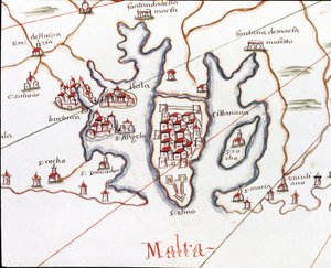 Maltan saari St. Elmon linnakkeineen (Portulan de Castellinin yksityiskohta tekijältä Unknown artist
