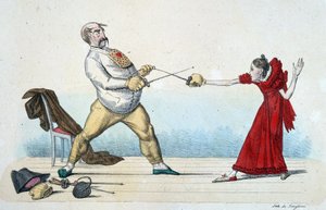 Miekkailun oppitunti: nuorten koon oikaiseminen ja onnettomuuksien ehkäisy - 1800-luku, Musee Carnavalet. tekijältä Unknown artist