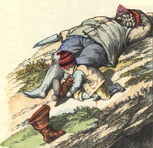 Pieni pussi varastaa saappaat 7 paikasta nukkuvalta ogrelta. Kuva Charles Perraultin tarinasta "" Le Petit Poucet". tekijältä Unknown artist