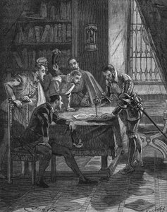Vieillevillen marekaali istutti tikarinsa patenttiin, jolla Ranskan kuningas Henrik II (1519-1559) antoi hänelle ja huoneessa läsnä oleville viidelle herralle oikeuden kaikkien Guiennen, Limousinin ja Quercyn lainahaiden ja luterilaisten takavarikoimiseen. tekijältä Unknown artist