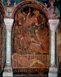 Saint Laurentin marttyyrikuolema (210/220-258) kuoli grilliin, Berzen kaupungin freskoon. 11. vuosisadalla. Moinesin kappeli, Berze la Ville tekijältä Unknown artist