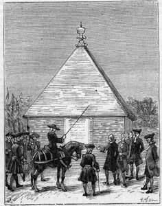 Ecuadorin asteen mitta 1700-luvulla: Carabouroun pyramidi Perussa, jonka La Condamine nosti vuonna 1736. Kaiverrus "" La Nature: revue des sciences et de leurs applications aux arts et a l