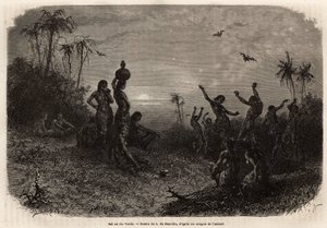 Moonlight ball, joka päättää 18-vuotisjuhlajuhlan ja nuoren intialaisen miehen häät Rio Verdestä (Brasilia). Kaiverrus havainnollistamaan matkaa New Granadaan, tohtori Saffray, vuonna 1869, julkaistu "" Le tour du monde""" 1873, toimittanut tekijältä Unknown artist