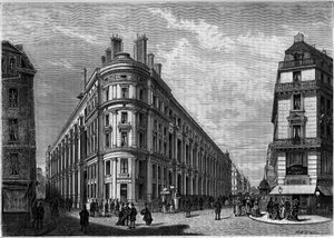 Uusi Hotel des Postes Rue du Louvrella Pariisissa jälleenrakennuksen jälkeen. Kaiverrus päiväkirjaan ""Youth"" tekijältä Unknown artist