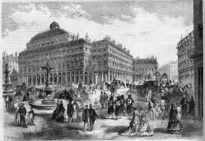 Ranskalaisen teatterin (Comedie Francaise) uusi paikka suihkulähteineen Palais Royaliin (Palais Royal) Pariisissa. Kaiverrus "" L