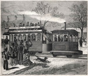 Pariisin uudet höyryraitiovaunut vuonna 1876 liikennöivät Saint - Germain - des - Prés -linjalla Chatillonin ovella, kaiverrus Bianchetti-kokoelma. tekijältä Unknown artist