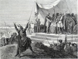 Kahden veljen vala ennen haarniskaa: Kaarle II Kalju ja Ludvig II Germaaninen vannovat Valan Lothaire I:tä vastaan (Strasbourgin valat 842). Kaiverrus 1800-luvulta. tekijältä Unknown artist