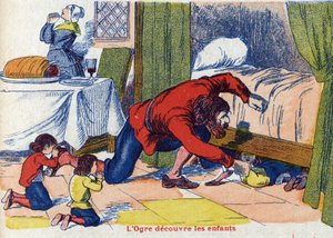 Ogre löytää lapset. Kuvitus "" Le Pepetit poucet" -kirjaan, ranskalaisen kirjailijan Charles Perrault