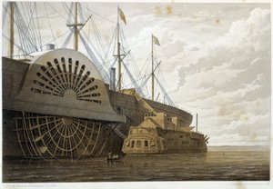 Vanha fregatti kaapelirahtineen "" GreatEasternin"" rinnalla Sheernessissä - W. H. Russelin "" The Atlantic lennätin" -julkaisussa, n. 1860 tekijältä Unknown artist