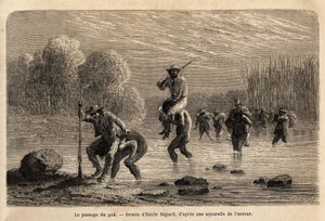 Gue, Siriniris-intiaanit, ehdottavat spontaanisti kantavansa retkikunnan jäseniä saadakseen heidät ylittämään Basiri-vuoren (Peru) juurelle muodostuneet lammet. Kaiverrus kaataa illustrrer le voyage dans les vall tekijältä Unknown artist