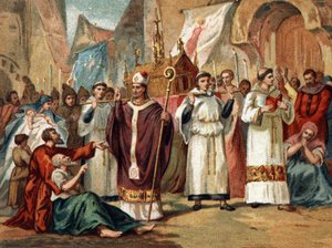 Pariisin suojeluspyhimyksen Sainte Genevieven (422-502) pyhäinjäännökset kuljetetaan Pariisin katujen toiselle puolelle. Kromolitografia noin 1890. tekijältä Unknown artist