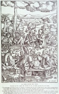 Paheiden pyöreä pöytä: leikki, ahneus, himo, ylpeys... - Kaiverrus 1546 tekijältä Unknown artist