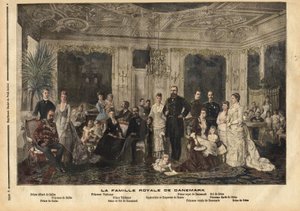 Keskellä istuva Tanskan kuninkaallinen perhe, Hessen-Kasselin kuningatar Louise (1817-1898) ja Tanskan kuningas Christian IX (1818-1906) sai lempinimen "Euroopan komea isä", koska hän meni naimisiin useiden lastensa kanssa perillisten kanssa. suuresta kuni tekijältä Unknown artist