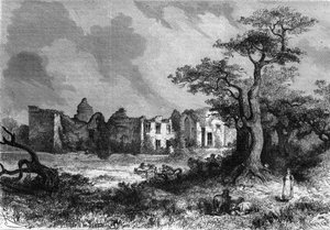 Chateau de la Maillerayen rauniot lähellä Parthenayta, Deux-Sevresin (Deux Sevresin) departementtia Poitou-Charentesin alueella (Poitou Charentes). Kaiverrus ""Mallisoituneeseen universumiin"" tekijältä Unknown artist