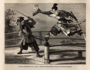 Samurai Yashitsune tasapainossa sillan esteellä, hyökkää haarniskassa pukeutuneen samurain kimppuun. Kaiverrus havainnollistamaan matkaa Japaniin vuosina 1863-1864, Sveitsin valaliiton ministeri Aime Humbert julkaisussa "" Le tour du monde, nouveau journal tekijältä Unknown artist