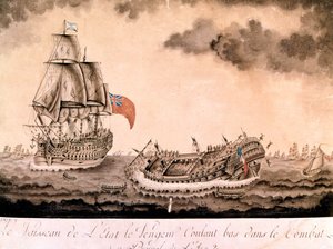 Englannin laivasto upposi "kostajan" haaksirikkoutuneen Brestin edustalla 1.6.1794. Kaiverrus 1700-luvun loppu, 1800-luvun alku. tekijältä Unknown artist