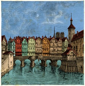 Pieni silta, joka oli myöhemmin Pont au Change Pariisissa keskiajalla, kaiverrus 1800-luvulta tekijältä Unknown artist