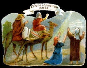 Tähti ilmestyy tietäjille ohjaamaan heidät Kristuksen luo. 1800-luvun kromolitografia. tekijältä Unknown artist