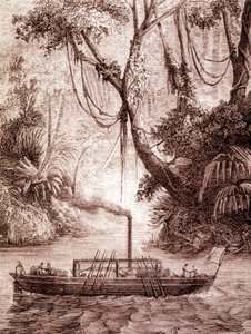 Amerikkalaisen keksijän John Fitchin höyrylaiva Delaware-joella noin 1791. tekijältä Unknown artist