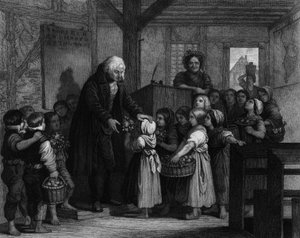 Luokan oppilaat kokoontuvat lahjoittamaan kukkia koulun opettajalleen tämän syntymäpäivänä. Kaiverrus 1800-luvulta tekijältä Unknown artist