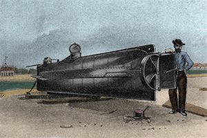 Sukellusvene (sukellusvene) CSS H. L. Hunley, jota Konfederaation osavaltioiden laivasto käytti eroamissodan aikana. 1861-1865 Kaiverrus 1800-luvulta tekijältä Unknown artist