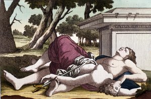 Pyramuksen (Piramen) itsemurha murijan alla ja Thisben kuolema. Pyramus oli vakuuttunut siitä, että leijona oli syönyt Thisben, ja antoi itsensä kuolemaan ja peitti verellään valkoiset tapat. Thisbe, joka piiloutuu paetakseen leijonaa, löytää rakkautensa k tekijältä Unknown artist