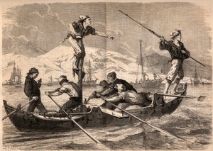 Miekkakalan harppuunakalastus (pesce spada, miekkakala) Sisilian rannikolla Italiassa vuonna 1862. Kaiverrus "Le Monde illustrious"" vuodelta 1862. Yksityinen kokoelma. tekijältä Unknown artist