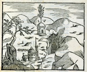 Vergilius (70 eKr. - 19 eKr.) hauta Pozzuolissa (Pozzuoli). Ksylografia 1600-luvun turistioppaan mukaan. tekijältä Unknown artist