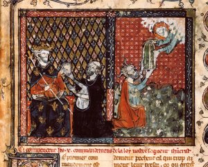 Kääntäjämunkki esittelee kirjansa Ranskan kuninkaalle Philip III:lle nimeltä Rohkea (1270-1285). Pienoiskuva otettu Kristillisestä opista, St. Augustine (?) tekijältä Unknown artist