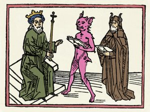 Belialin oikeudenkäynti: "Demon Belial luovuttaa valtakirjansa tuomari Solomonille" Jacobus de Teramon (tai Palladino), Ausburgin kaiverrus "Belialin oikeudenkäynnistä" tekijältä Unknown artist