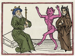 Belialin oikeudenkäynti: "" Demoni Belial tanssii tuomari Solomonin edessä""" Kaiverrus Jacobus de Teramon (tai Palladinon), Ausburgin "Belialin oikeudenkäynnistä" tekijältä Unknown artist