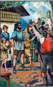 Confederen kunnianosoitus Guillaume Tellille (William Tell) (legendaariset Sveitsin itsenäisyyden sankarit) 1800-luvun lopun kromolitografia. tekijältä Unknown artist